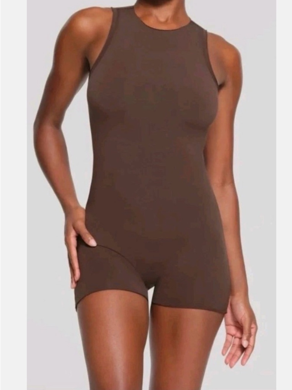 SKIMS Raw Edge Romper Scoop neckline. Sleepen Back Cutout Espresso Large NWT